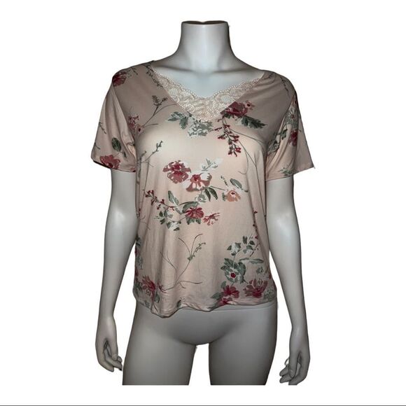 Flora by Flora Nikrooz Pink Floral Lace V-neck PJ Shirt Top Small NWT - Picture 1 of 8